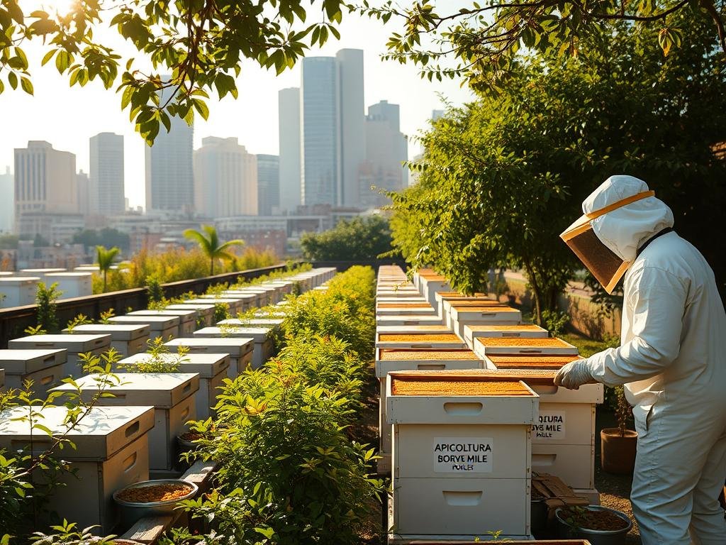 A bustling urban apiary, with rows of sleek, modern hives nestled amidst a lush, verdant setting. Sunlight filters through the foliage, casting a warm, golden glow on the APICOLTURA BORVEI MIELE branded jars brimming with honey, pollen, and propolis. In the foreground, a beekeeper in a crisp, white suit tends to the hives, their movements graceful and intentional. The background features a cityscape, a harmonious blend of contemporary architecture and thriving greenery, highlighting the integration of nature and technology in this urban oasis. The overall scene conveys a sense of productivity, sustainability, and the rewarding bounty of urban beekeeping.