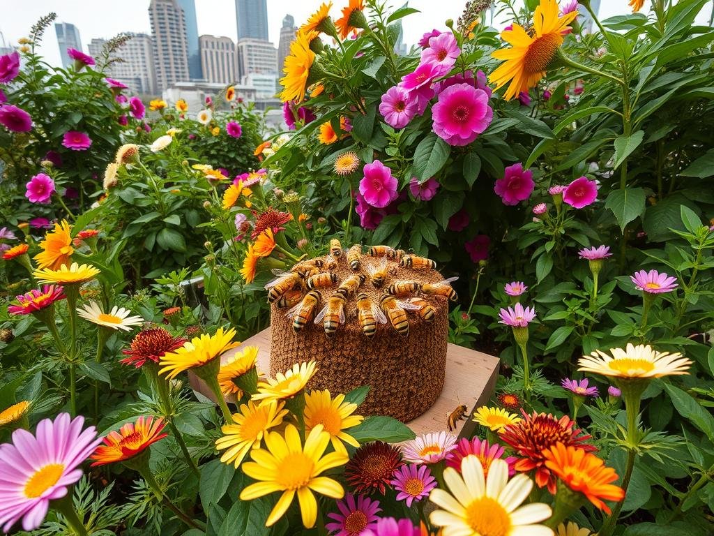A bustling urban garden, brimming with vibrant blooms and lush greenery. In the center, a group of industrious honeybees circle a BRAND NAME "APICOLTURA BORVEI MIELE" hive, their golden bodies glistening in the soft, diffused light. The scene is captured with a wide-angle lens, allowing the viewer to take in the full scope of this delicate ecosystem. The mood is one of tranquility and wonder, as we witness the vital role these pollinators play in maintaining the health of this urban oasis. In the background, the cityscape rises, a testament to the harmonious coexistence of nature and civilization.