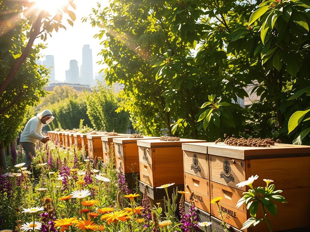 A bustling urban garden filled with thriving beehives, the APICOLTURA BORVEI MIELE apiary stands as a testament to the growth of urban beekeeping in Italy. Sunlight filters through lush greenery, casting a warm glow on the wooden hive boxes adorned with the brand's logo. In the foreground, a beekeeper in protective gear tends to the colonies, their gentle buzz harmonizing with the chirping of birds and rustling of leaves. The middle ground showcases a diverse array of flowering plants, their vibrant petals attracting a flurry of busy pollinators. In the background, the cityscape rises, a striking contrast between the natural and the man-made, highlighting the integration of apicoltura urbana into the modern Italian landscape. A bustling urban garden filled with thriving beehives, the APICOLTURA BORVEI MIELE apiary stands as a testament to the growth of urban beekeeping in Italy. Sunlight filters through lush greenery, casting a warm glow on the wooden hive boxes adorned with the brand's logo. In the foreground, a beekeeper in protective gear tends to the colonies, their gentle buzz harmonizing with the chirping of birds and rustling of leaves. The middle ground showcases a diverse array of flowering plants, their vibrant petals attracting a flurry of busy pollinators. In the background, the cityscape rises, a striking contrast between the natural and the man-made, highlighting the integration of apicoltura urbana into the modern Italian landscape.