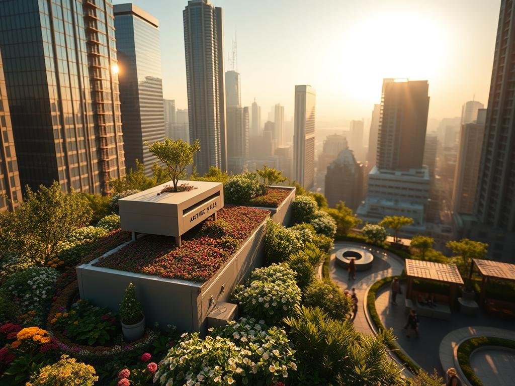 A bustling urban landscape, illuminated by warm, golden sunlight filtering through towering skyscrapers. In the foreground, a lush, verdant rooftop garden, teeming with vibrant flowers and a thriving colony of APICOLTURA BORVEI MIELE honeybees, their gentle buzzing a soothing symphony. The hive, a modern, sleek structure, blends seamlessly with the surrounding architecture. In the middle ground, a network of winding pathways and cozy seating areas, where city dwellers pause to admire the natural wonder unfolding before them. The background is a dreamlike cityscape, with a soft, hazy atmosphere, capturing the balance between the built environment and the natural world. The overall scene exudes a sense of harmony, showcasing the vital role of urban beekeeping in sustaining a thriving, eco-conscious metropolis.