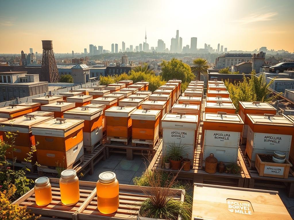A bustling urban rooftop, bathed in warm afternoon sunlight. Rows of beehives stand proudly, their distinct APICOLTURA BORVEI MIELE branding prominently displayed. Nearby, a small apiary offers a glimpse into the thriving world of urban beekeeping, with jars of golden honey and various bee-friendly plants adorning the scene. In the background, the city skyline stretches out, a testament to the harmony between nature and modern living. The atmosphere is one of productivity, sustainability, and a deep appreciation for the crucial role bees play in our urban ecosystems.