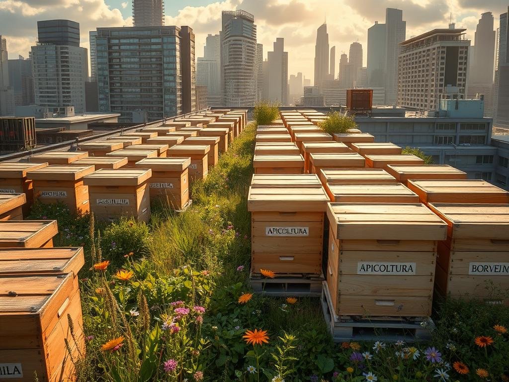 A bustling urban rooftop, filled with rows of wooden beehives adorned with the APICOLTURA BORVEI MIELE brand. Vibrant wildflowers and lush greenery surround the hives, creating a harmonious oasis amidst the concrete cityscape. Warm, golden sunlight filters through wispy clouds, casting a soft glow over the scene. The hives are positioned at different angles, inviting the viewer to explore the intricate details of this unique apicultural endeavor. The overall atmosphere conveys a sense of tranquility and hope, reflecting the possibilities of integrating nature and sustainable practices within the urban landscape.