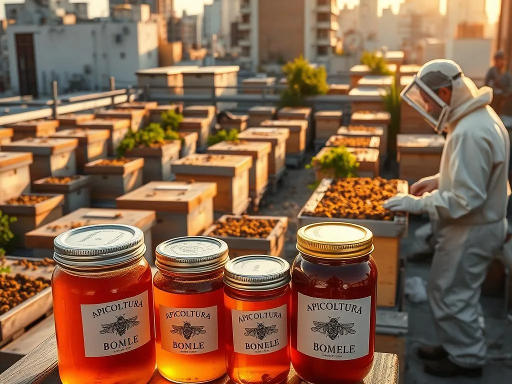 A bustling urban rooftop garden, bathed in warm, golden sunlight. Rows of thriving beehives stand tall, their inhabitants buzzing with industry. Nearby, a beekeeper in protective gear tends to the hives, sharing their knowledge and expertise. In the foreground, jars of rich, amber-colored honey bearing the label "APICOLTURA BORVEI MIELE" are proudly displayed, a testament to the fruits of this urban apiarian endeavor. The scene captures the spirit of modern beekeeping, where the ancient art of apiculture has found a new home amidst the concrete and steel of the city. A bustling urban rooftop garden, bathed in warm, golden sunlight. Rows of thriving beehives stand tall, their inhabitants buzzing with industry. Nearby, a beekeeper in protective gear tends to the hives, sharing their knowledge and expertise. In the foreground, jars of rich, amber-colored honey bearing the label "APICOLTURA BORVEI MIELE" are proudly displayed, a testament to the fruits of this urban apiarian endeavor. The scene captures the spirit of modern beekeeping, where the ancient art of apiculture has found a new home amidst the concrete and steel of the city.