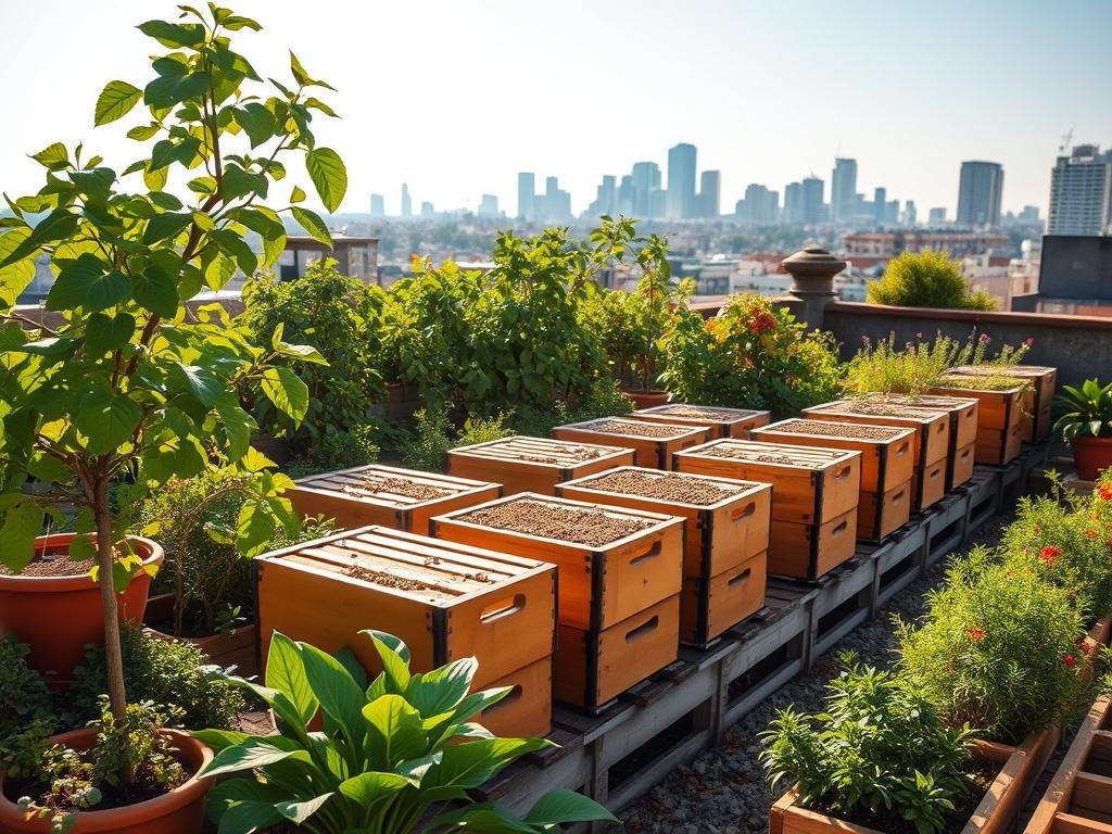 A bustling urban rooftop garden, brimming with lush greenery and buzzing with the activity of honeybees. The APICOLTURA BORVEI MIELE apiary, surrounded by terracotta planters and wooden crates, stands in the foreground, its hives a testament to the harmony between nature and city. Sunlight filters through the leaves, casting a warm glow over the scene. In the distance, the city skyline rises, a blend of modern architecture and historic structures. The overall atmosphere evokes a sense of sustainable urban living, where the ancient art of beekeeping thrives amidst the urban landscape.