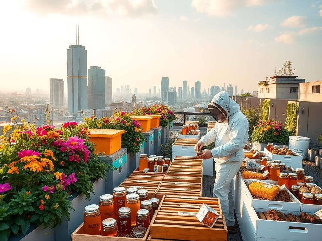 A bustling urban rooftop garden, brimming with lush honeybee-friendly flowers and vibrant, geometric hive structures. In the foreground, a beekeeper in a crisp white suit carefully tends to the hives, showcasing the exceptional quality of "APICOLTURA BORVEI MIELE" products. The mid-ground features an array of artisanal honey jars, honeycombs, and other bee-derived goods, all beautifully displayed against a backdrop of the city skyline. Warm, golden lighting illuminates the scene, evoking a sense of productivity and prosperity. The overall atmosphere conveys the thriving nature of urban beekeeping and the premium quality of its products.