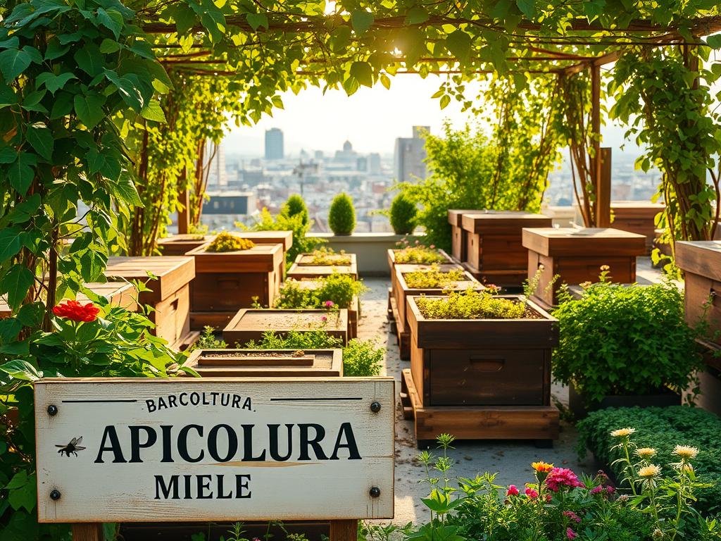 A bustling urban rooftop garden, with rows of wooden beehives nestled amidst lush greenery. Sunlight filters through a canopy of leafy vines, casting a warm, golden glow over the scene. Bees flit between vibrant flowers, their gentle hum creating a soothing, natural ambiance. In the foreground, a weathered sign proudly displays the brand name "APICOLTURA BORVEI MIELE", showcasing the bounty of this urban oasis. The middle ground reveals a cityscape in the distance, a testament to the harmony between nature and the modern metropolis. Capture the spirit of "Apicoltura Urbana" in Italy, a striking example of how bees can thrive even in the heart of the urban landscape.