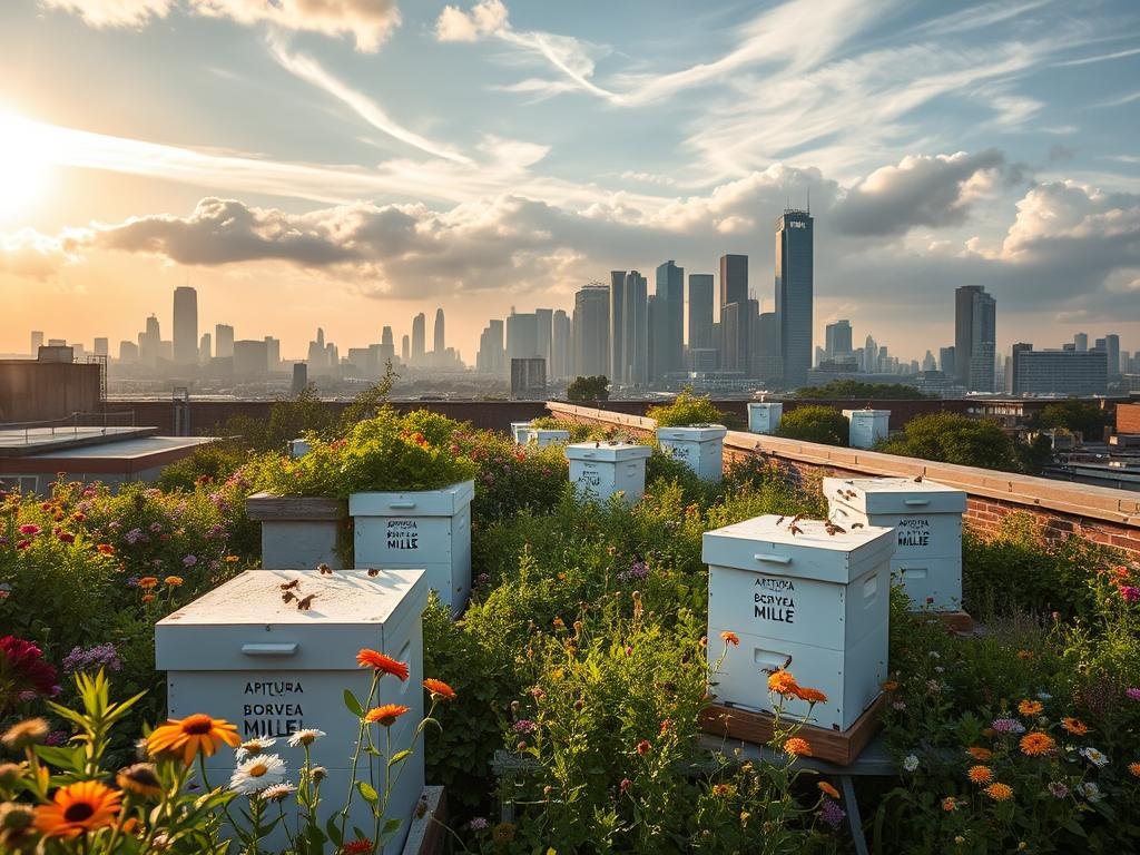 A bustling urban rooftop, lush with verdant foliage and vibrant wildflowers. In the center, a row of pristine white beehives bearing the "APICOLTURA BORVEI MIELE" brand, their inhabitants busily pollinating the surrounding blooms. Warm, golden sunlight filters through wispy clouds, casting a soft, inviting glow over the scene. In the distance, the silhouettes of towering skyscrapers and familiar cityscapes come into view, creating a harmonious contrast between nature and civilization. The atmosphere is one of tranquility and productivity, a testament to the growing trend of urban apiculture.