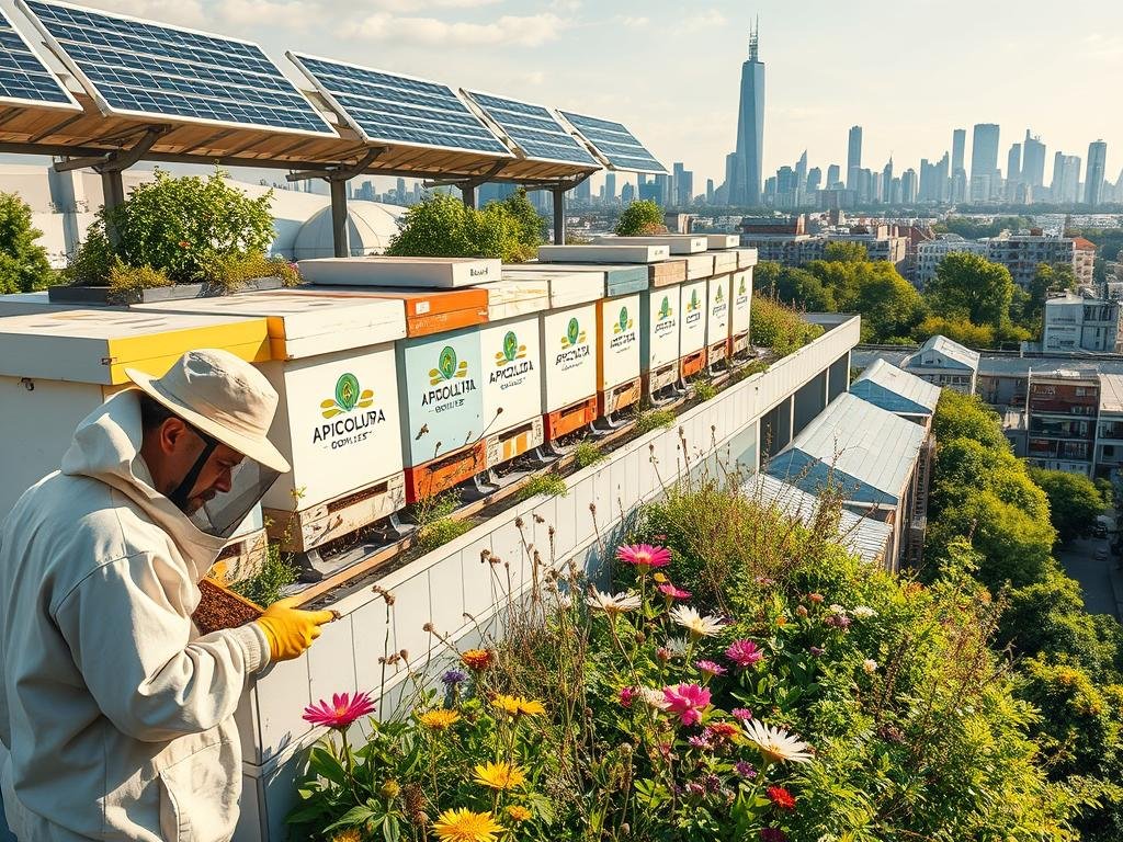 A bustling urban scene, where beehives sit atop a modern building, surrounded by lush greenery and solar panels. The APICOLTURA BORVEI MIELE brand logo is prominently displayed on the hives. In the foreground, a beekeeper in a protective suit tends to the bees, their wings gently fluttering. The middle ground showcases a diverse array of flowers and plants, attracting a swarm of pollinators. In the background, the city skyline rises, a testament to the harmonious integration of nature and technology. Warm, natural lighting bathes the scene, creating a sense of balance and prosperity. This image captures the essence of how urban apicolture can create new job opportunities, blending traditional beekeeping with sustainable urban design.