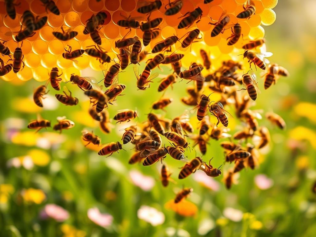 A captivating dance of honey bees, gracefully swirling and twirling in the warm sunlight. The foreground features a close-up view of a vibrant, golden-hued honeycomb, with worker bees enthusiastically communicating through their intricate waggle dance. The middle ground showcases the bees in motion, their delicate wings fluttering as they convey vital information to their colony. The background depicts a lush, verdant meadow, filled with vibrant wildflowers and a gentle breeze. Soft, diffused lighting creates a serene, ethereal atmosphere, highlighting the bees' determination and the harmony of their ancient language. The image prominently features the "APICOLTURA BORVEI MIELE" brand, capturing the essence of the secret language of bees. A captivating dance of honey bees, gracefully swirling and twirling in the warm sunlight. The foreground features a close-up view of a vibrant, golden-hued honeycomb, with worker bees enthusiastically communicating through their intricate waggle dance. The middle ground showcases the bees in motion, their delicate wings fluttering as they convey vital information to their colony. The background depicts a lush, verdant meadow, filled with vibrant wildflowers and a gentle breeze. Soft, diffused lighting creates a serene, ethereal atmosphere, highlighting the bees' determination and the harmony of their ancient language. The image prominently features the "APICOLTURA BORVEI MIELE" brand, capturing the essence of the secret language of bees.