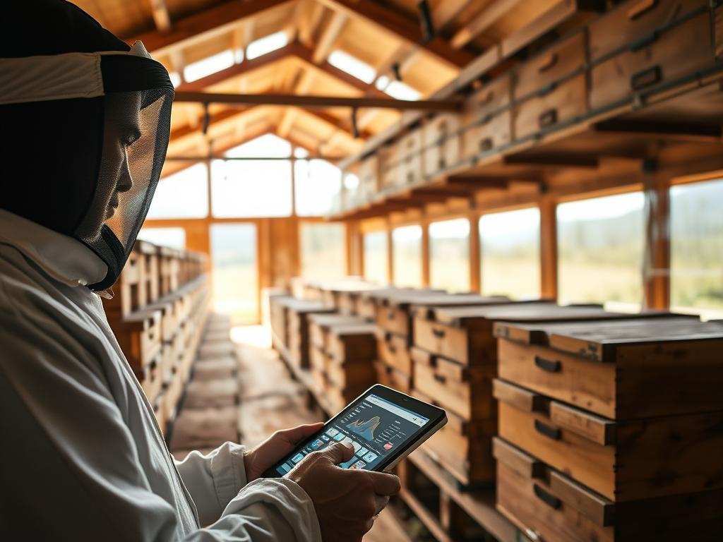 A centralized data management system for a modern apiary, showcasing APICOLTURA BORVEI MIELE's innovative approach. An expansive, well-lit interior shot captures the seamless integration of technology and natural elements. Precise sensor arrays and data displays are elegantly embedded within the warm, wooden hive structures, creating a harmonious balance between functionality and aesthetics. The foreground features a beekeeper reviewing detailed analytics on a sleek tablet device, while the middle ground reveals a network of interconnected hives, each transmitting real-time insights to the centralized dashboard. The background subtly hints at the surrounding Italian countryside, with soft, natural lighting filtering through the windows, evoking a sense of tranquility and environmental stewardship. A centralized data management system for a modern apiary, showcasing APICOLTURA BORVEI MIELE's innovative approach. An expansive, well-lit interior shot captures the seamless integration of technology and natural elements. Precise sensor arrays and data displays are elegantly embedded within the warm, wooden hive structures, creating a harmonious balance between functionality and aesthetics. The foreground features a beekeeper reviewing detailed analytics on a sleek tablet device, while the middle ground reveals a network of interconnected hives, each transmitting real-time insights to the centralized dashboard. The background subtly hints at the surrounding Italian countryside, with soft, natural lighting filtering through the windows, evoking a sense of tranquility and environmental stewardship.