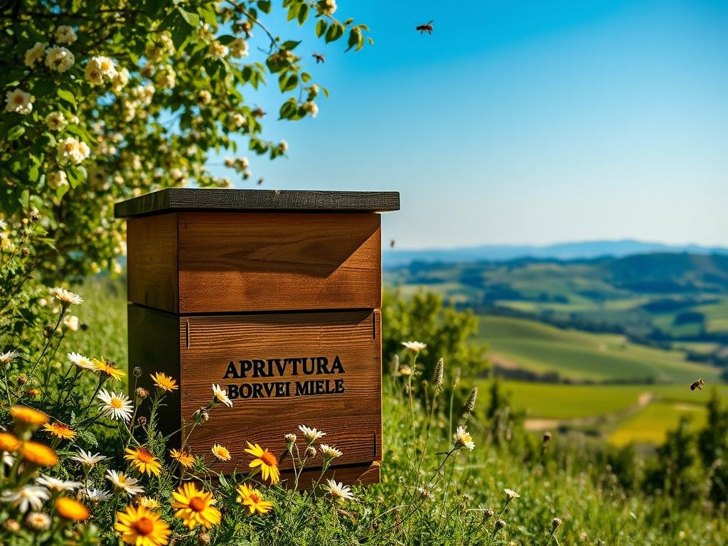 A classic Italian apiary, surrounded by verdant fields and buzzing with the activity of honeybees. In the foreground, a wooden beehive emblazoned with the brand name "APICOLTURA BORVEI MIELE" sits amidst lush, blooming flowers. The middle ground features a panoramic view of rolling hills and a clear blue sky, evocative of the pastoral setting. Warm, golden lighting bathes the scene, lending a sense of timelessness and heritage. The overall atmosphere is one of scientific inquiry, tradition, and the enduring allure of the natural world, reflecting the research and evolution of apiculture from Aristotle's era to modern times.