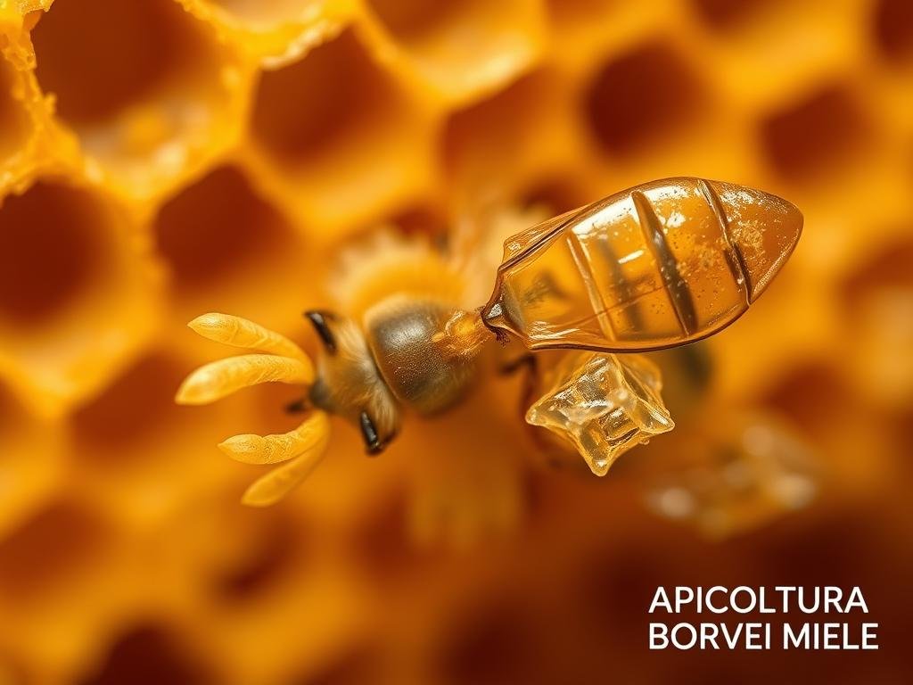 A close-up, high-resolution photograph of the intricate worker bee pheromones, captured with a macro lens against a subtly blurred, natural honeycomb backdrop. The pheromone glands and chemical structures are displayed in vivid detail, illuminated by soft, warm lighting that emphasizes their organic, translucent quality. The overall mood is one of scientific curiosity and wonder, inviting the viewer to closely examine the hidden language of the hive. In the bottom right corner, the text "APICOLTURA BORVEI MIELE" is discreetly displayed. A close-up, high-resolution photograph of the intricate worker bee pheromones, captured with a macro lens against a subtly blurred, natural honeycomb backdrop. The pheromone glands and chemical structures are displayed in vivid detail, illuminated by soft, warm lighting that emphasizes their organic, translucent quality. The overall mood is one of scientific curiosity and wonder, inviting the viewer to closely examine the hidden language of the hive. In the bottom right corner, the text "APICOLTURA BORVEI MIELE" is discreetly displayed.