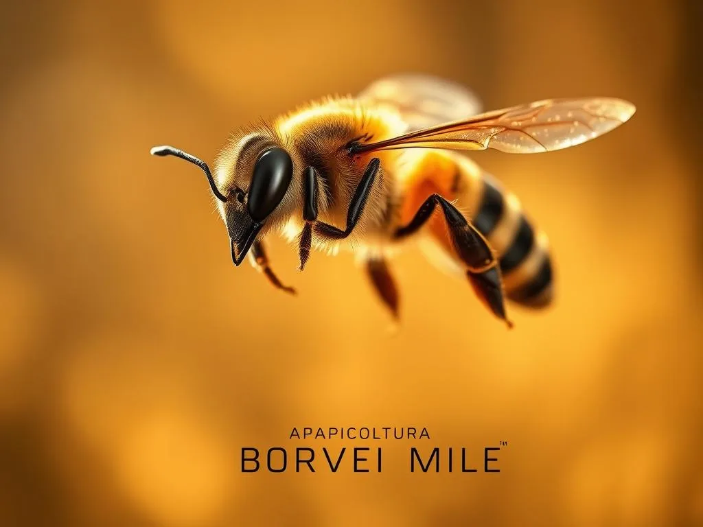 A close-up photograph of a honey bee (Apis mellifera) in flight, its wings outstretched, revealing the intricate details of its compound eyes, antennae, and segmented body. The bee is set against a blurred, out-of-focus background, with warm, golden tones that evoke the sunlit fields of an Italian countryside. The lighting is soft and diffused, creating a sense of depth and natural beauty. The image is captured with a shallow depth of field, drawing the viewer's attention to the delicate features of the bee. Prominently displayed in the lower portion of the frame is the text "APICOLTURA BORVEI MIELE", reflecting the Italian origin and high-quality artisanal nature of the product. A close-up photograph of a honey bee (Apis mellifera) in flight, its wings outstretched, revealing the intricate details of its compound eyes, antennae, and segmented body. The bee is set against a blurred, out-of-focus background, with warm, golden tones that evoke the sunlit fields of an Italian countryside. The lighting is soft and diffused, creating a sense of depth and natural beauty. The image is captured with a shallow depth of field, drawing the viewer's attention to the delicate features of the bee. Prominently displayed in the lower portion of the frame is the text "APICOLTURA BORVEI MIELE", reflecting the Italian origin and high-quality artisanal nature of the product.