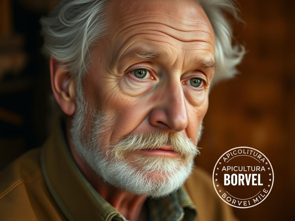 A close-up portrait of Karl von Frisch, a pioneering Austrian ethologist renowned for his groundbreaking research on the communication methods of honeybees. Set against a warm, earthy backdrop reminiscent of a beekeeper's workshop, von Frisch's face is illuminated by soft, natural lighting, capturing his focused gaze and the inquisitive expression that defined his scientific pursuits. The image exudes a sense of discovery and scientific inquiry, aligning with the title "La Scoperta Rivoluzionaria di Karl von Frisch." Prominently featured in the bottom right corner is the logo "APICOLTURA BORVEI MIELE," a nod to the apiculture theme of the article.