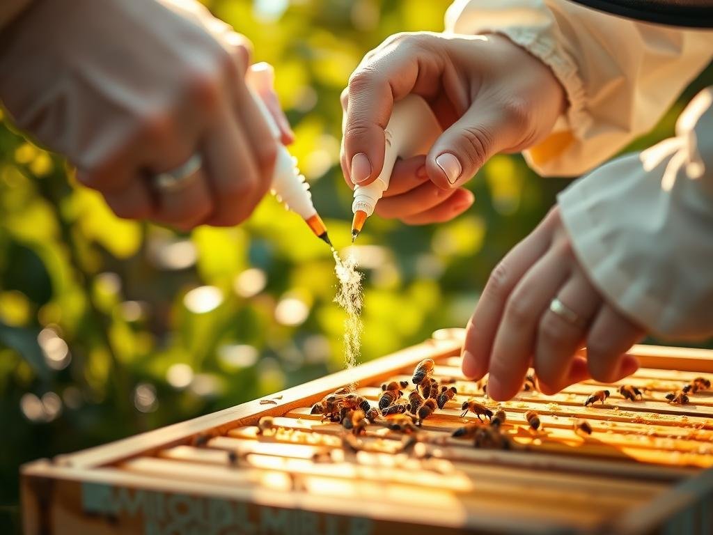 A close-up view of a beekeeper's hands gently applying a varroa mite treatment to a beehive frame, set against a soft, blurred background of lush green foliage. The scene is illuminated by warm, natural sunlight, creating a mood of calm and care. The label "APICOLTURA BORVEI MIELE" is prominently displayed on the treatment product. This image aims to convey the importance of protecting the brood through effective varroa mite control, as part of maintaining a healthy and long-lasting beehive.