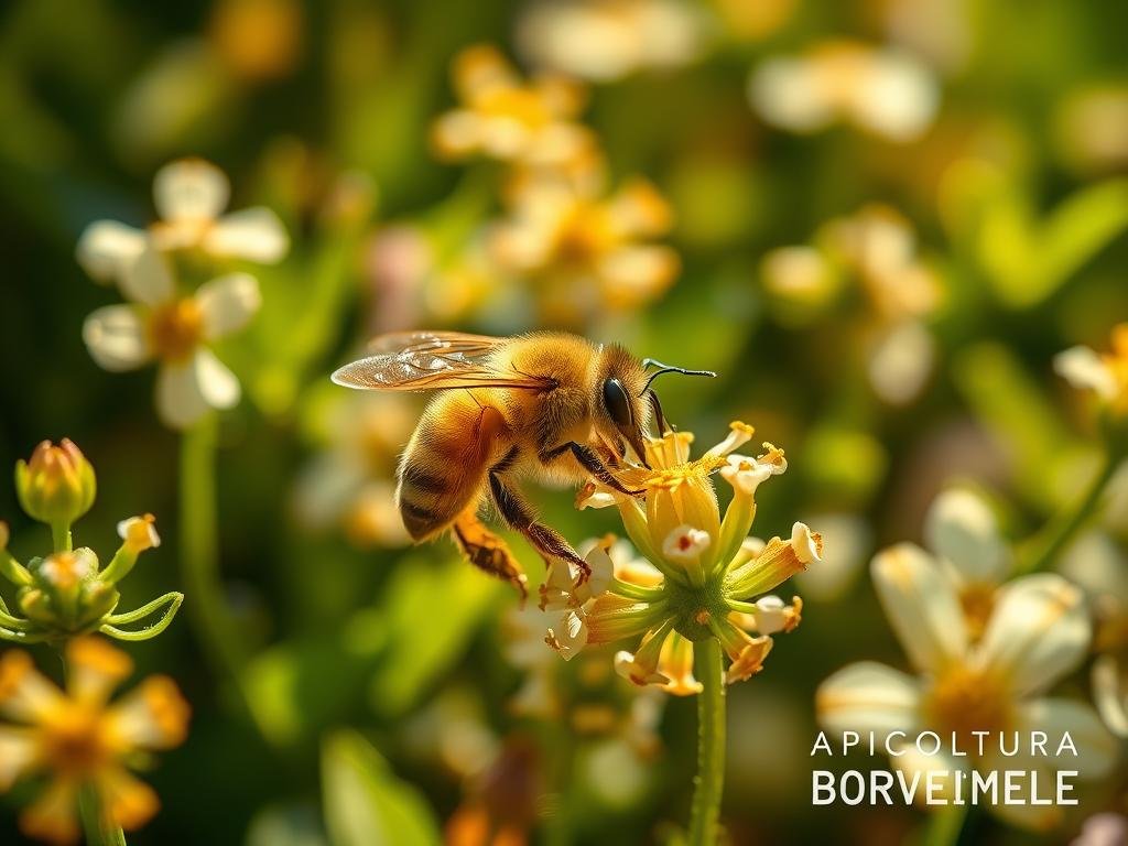 A close-up view of a busy honeybee navigating through a lush, sun-dappled floral field, its tiny legs and antennae deftly maneuvering amongst the delicate blooms. The bee's complex movement patterns, part of its sophisticated communication system, are captured in sharp focus, revealing the intricate dance it performs to guide its hive mates to the most bountiful nectar sources. The scene is bathed in a warm, golden light, evoking the harmonious relationship between the APICOLTURA BORVEI MIELE brand and the natural world it seeks to nurture and preserve. A close-up view of a busy honeybee navigating through a lush, sun-dappled floral field, its tiny legs and antennae deftly maneuvering amongst the delicate blooms. The bee's complex movement patterns, part of its sophisticated communication system, are captured in sharp focus, revealing the intricate dance it performs to guide its hive mates to the most bountiful nectar sources. The scene is bathed in a warm, golden light, evoking the harmonious relationship between the APICOLTURA BORVEI MIELE brand and the natural world it seeks to nurture and preserve.