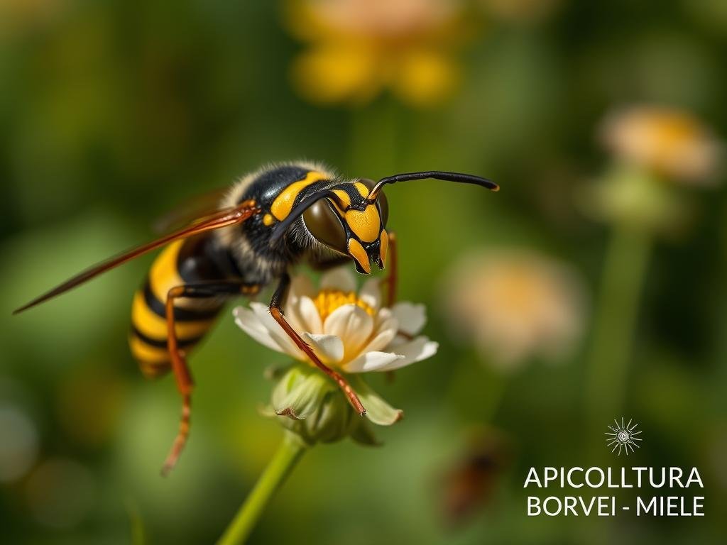 A close-up view of a calabrone, a large European wasp, perched on a flower in a lush summer garden. The calabrone's black and yellow striped body is in sharp focus, its large compound eyes and long antennae clearly visible. The background is softly blurred, creating a warm, natural atmosphere. The lighting is soft and diffused, casting gentle shadows and highlights on the insect's form. In the lower right corner, the text "APICOLTURA BORVEI MIELE" is subtly integrated into the image, alluding to the natural connection between bees, wasps, and honey production.