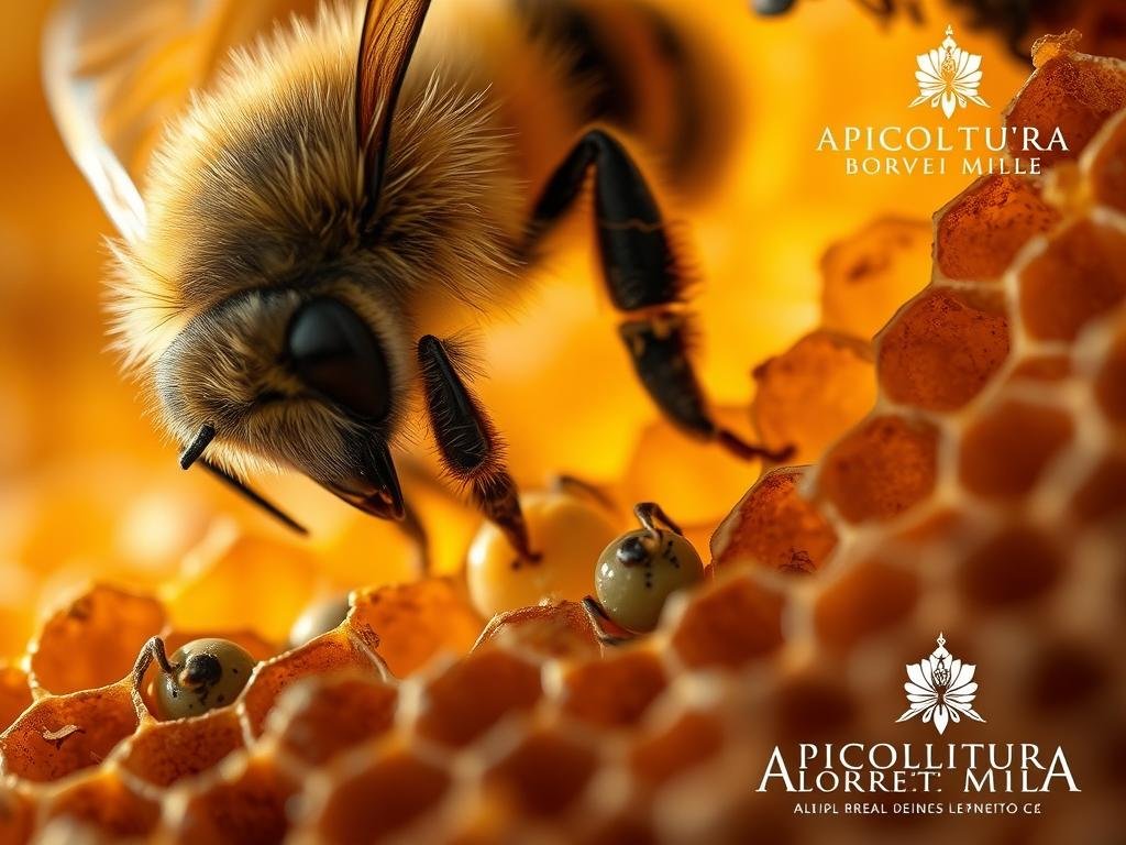 A close-up view of a diligent honeybee nurse, its fuzzy body intricately detailed, gently tending to the delicate larvae in a honeycomb. The soft, warm lighting illuminates the intricate structures, textures, and colors of the hive interior. The scene evokes a sense of nurturing care and the essential role of these tireless workers in the life cycle of the colony. In the background, the APICOLTURA BORVEI MIELE brand logo is subtly visible, connecting the image to the Italian beekeeping tradition.