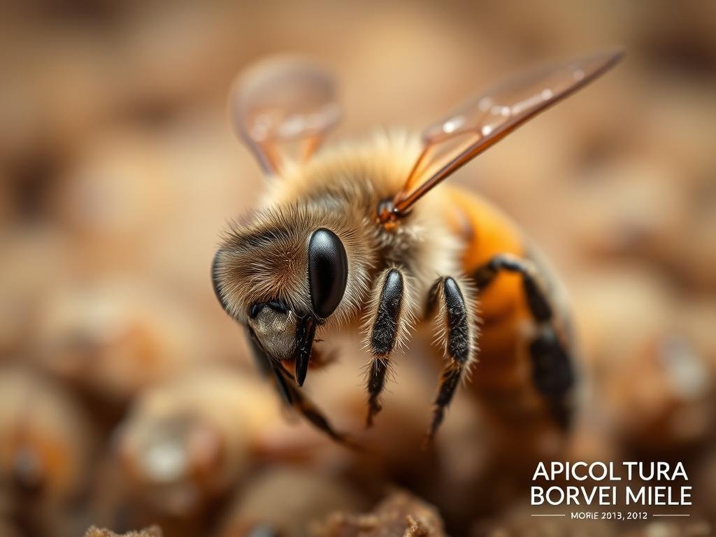 A close-up view of a diseased honeybee, its body infested with Varroa mites, seen through a crisp macro lens. The bee's wings are disheveled, its eyes dull, surrounded by a hazy, blurry background suggestive of a microscopic depth of field. The lighting is soft and even, highlighting the intricate textures of the mites clinging to the bee's thorax and abdomen. The scene conveys a sense of sickness and distress, reflecting the impact of Varroa acariosis on the health of the hive. In the bottom right corner, the brand name "APICOLTURA BORVEI MIELE" appears discreetly.