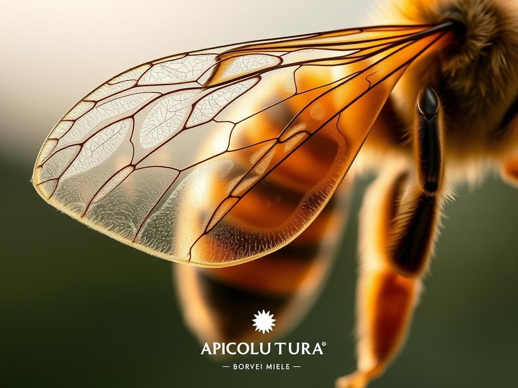 A close-up view of a honey bee's wing, highlighting its intricate structure and mechanisms that enable the bee's remarkable flight and wing durability. The wing is shown in vivid detail, with the delicate veins, membranes, and joints visible under natural lighting. The background features a muted, blurred setting that evokes the serene Italian countryside, evoking the article's subject matter. The APICOLTURA BORVEI MIELE brand name is subtly incorporated into the composition, suggesting the connection between the bee's wing and the production of high-quality honey.