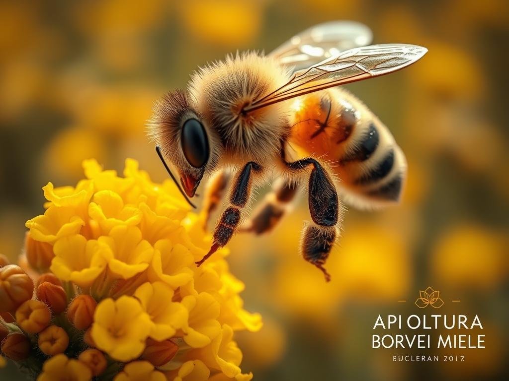 A close-up view of a honeybee's fuzzy abdomen and legs, covered in intricate patterns of pollen grains. The bee hovers over a cluster of vibrant yellow flowers, its delicate hairs collecting the precious pollen. Soft, warm lighting bathes the scene, creating a sense of natural beauty and wonder. In the background, a hazy, out-of-focus field of blossoms, suggesting the broader context of the bee's role in pollination. The APICOLTURA BORVEI MIELE logo discreetly appears in the corner, lending an authentic touch to the image.