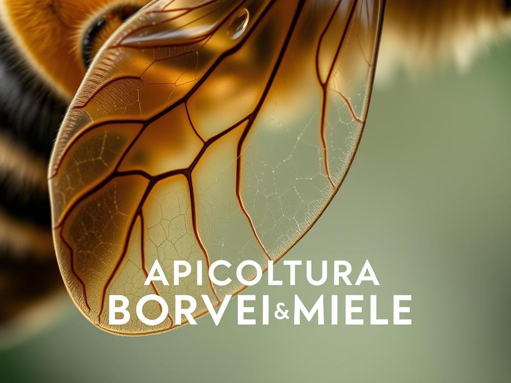 A close-up view of a honeybee's wing, showcasing its intricate structure and resilient design. The wing's delicate membrane is illuminated by soft, natural lighting, highlighting the veins and intricate patterns that enable the bee's remarkable flight capabilities. The background features a subtle, blurred texture inspired by the Italian countryside, evoking a sense of the bee's natural habitat. The image prominently displays the "APICOLTURA BORVEI MIELE" brand, seamlessly integrated into the composition.