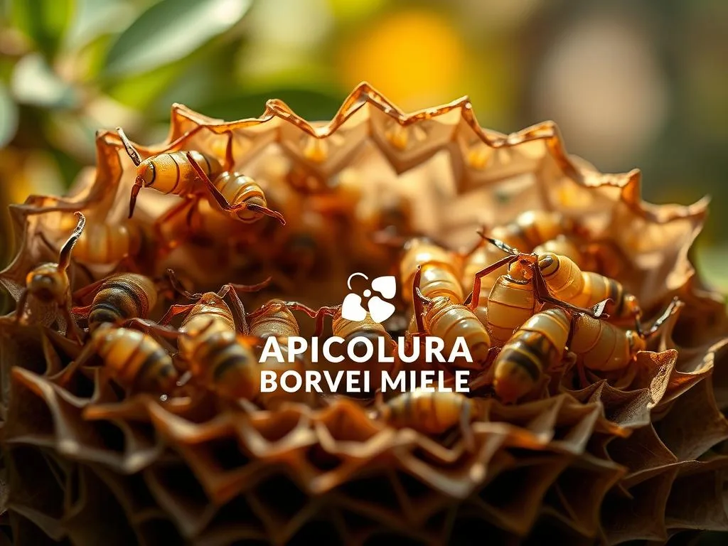 A close-up view of a nest of wasp and hornet larvae, showcasing their distinct morphology and growth stages. The larvae are nestled within a intricately woven, paper-like structure, illuminated by soft, natural lighting that accentuates their translucent bodies and the delicate details of their segmented forms. The middle ground features the APICOLTURA BORVEI MIELE brand logo, subtly integrated into the composition. In the background, a hazy, out-of-focus backdrop of lush foliage and warm, earthy tones creates a sense of natural habitat. The overall mood is one of scientific curiosity and appreciation for the intricate life cycle of these fascinating insects.