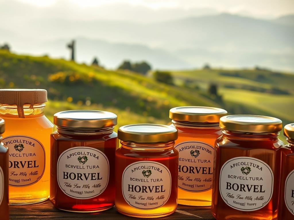 A close-up view of a variety of honey jars, each labeled with the brand name "APICOLTURA BORVEI MIELE" against a backdrop of an Italian countryside setting. The jars are illuminated by warm, natural lighting, casting soft shadows that accentuate their textures and shapes. The middle ground features lush, rolling hills dotted with wildflowers, while the background showcases a hazy, atmospheric landscape of distant mountains. The overall composition conveys a sense of artisanal quality, authenticity, and the importance of proper labeling in the honey industry.