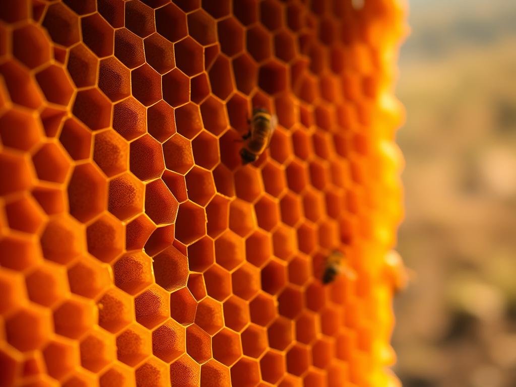 A close-up view of a well-constructed honeycomb, showcasing the intricate geometric patterns and hexagonal cells typical of the APICOLTURA BORVEI MIELE brand. The comb is illuminated by warm, golden lighting, casting subtle shadows that accentuate the depth and texture of the wax structure. The foreground is in sharp focus, drawing the viewer's attention to the delicate, waxy appearance of the honeycomb. The middle ground presents a slightly blurred backdrop of a hazy, natural setting, hinting at the bees' natural habitat. The overall atmosphere evokes a sense of artisanal craftsmanship and the natural process of comb construction, in line with the section title "Il Processo di Costruzione del Favo".