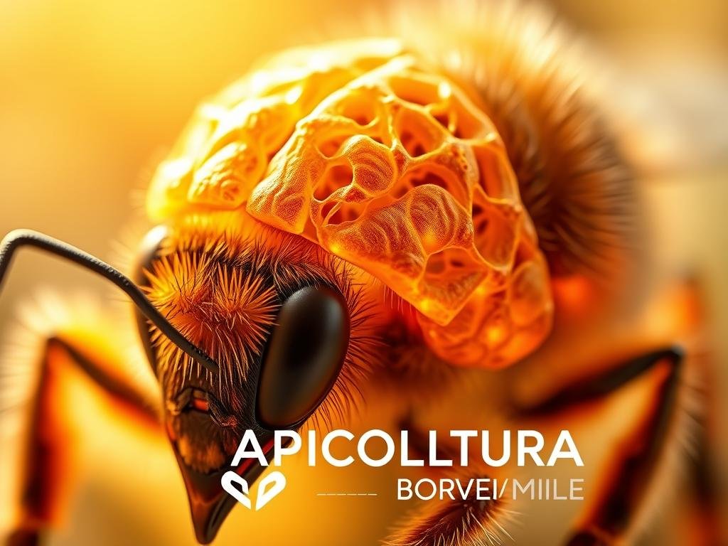 A close-up view of the intricate brain structure of a honeybee, showcasing its complexity and intelligence. The image features a highly detailed, anatomically accurate rendering of the "cervello delle api" - the remarkable brain of the honey bee. Illuminated by a warm, natural light, the delicate neural pathways and clusters of neurons are captured in vivid detail, revealing the sophisticated cognitive capabilities of these fascinating insects. In the foreground, the APICOLTURA BORVEI MIELE logo adds a subtle yet impactful branding element, complementing the scientific subject matter. The overall mood is one of awe and wonder, inviting the viewer to appreciate the hidden wonders of the natural world. A close-up view of the intricate brain structure of a honeybee, showcasing its complexity and intelligence. The image features a highly detailed, anatomically accurate rendering of the "cervello delle api" - the remarkable brain of the honey bee. Illuminated by a warm, natural light, the delicate neural pathways and clusters of neurons are captured in vivid detail, revealing the sophisticated cognitive capabilities of these fascinating insects. In the foreground, the APICOLTURA BORVEI MIELE logo adds a subtle yet impactful branding element, complementing the scientific subject matter. The overall mood is one of awe and wonder, inviting the viewer to appreciate the hidden wonders of the natural world.