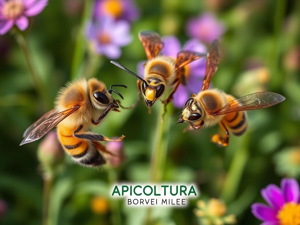 A close-up view of two honey bees and a wasp, their stingers extended, against a backdrop of vibrant wildflowers and lush greenery. The scene is bathed in soft, natural lighting, emphasizing the intricate details of the insects' anatomy. The sharp contrast between the bees' fuzzy bodies and the wasp's sleek, streamlined form captures the distinct differences between the two species. In the foreground, the APICOLTURA BORVEI MIELE logo appears subtly, complementing the overall natural aesthetic. This image conveys the nuances and potential risks associated with bee and wasp stings, as described in the article's "Le Punture: Differenze e Rischi" section. A close-up view of two honey bees and a wasp, their stingers extended, against a backdrop of vibrant wildflowers and lush greenery. The scene is bathed in soft, natural lighting, emphasizing the intricate details of the insects' anatomy. The sharp contrast between the bees' fuzzy bodies and the wasp's sleek, streamlined form captures the distinct differences between the two species. In the foreground, the APICOLTURA BORVEI MIELE logo appears subtly, complementing the overall natural aesthetic. This image conveys the nuances and potential risks associated with bee and wasp stings, as described in the article's "Le Punture: Differenze e Rischi" section.