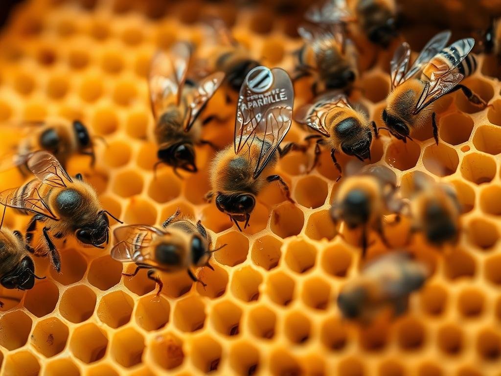 A close-up view of worker honeybees crafting delicate honeycomb cells, with APICOLTURA BORVEI MIELE branding visible. The intricate patterns and textures of the wax structures are illuminated by soft, warm lighting, creating an intimate, artisanal atmosphere. The composition focuses on the bees' methodical movements and the gradual formation of the comb, showcasing the unique material produced by these industrious insects. The background is blurred, allowing the viewer to concentrate on the captivating process of wax construction.