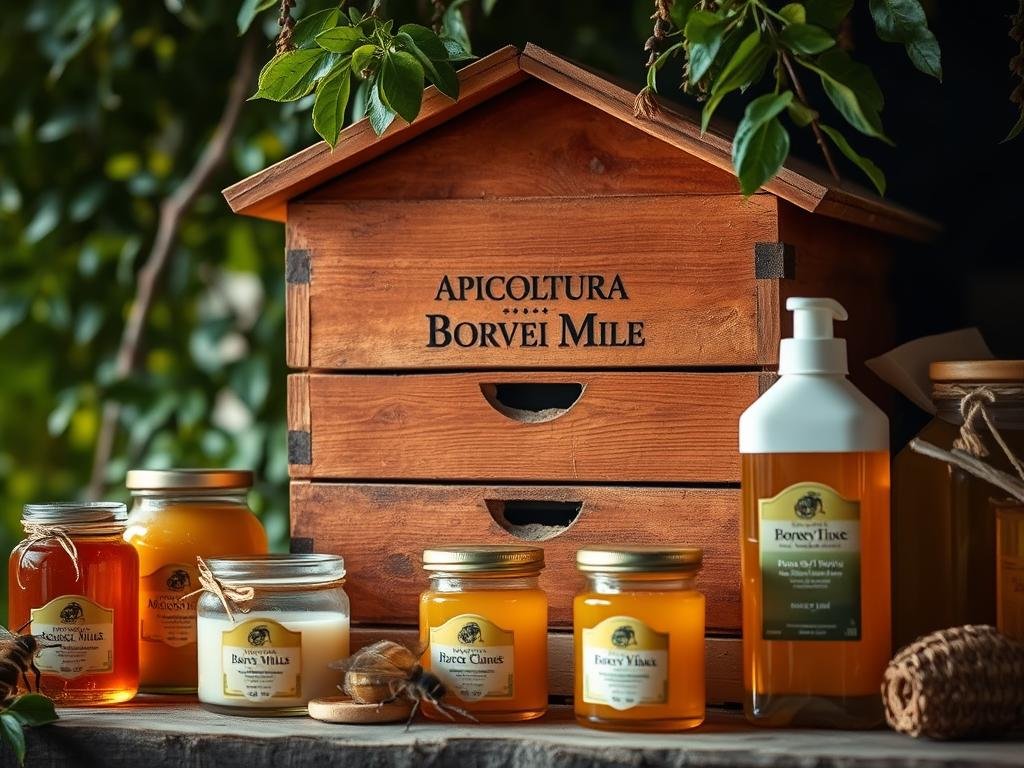 A closeup view of a wooden beehive with the "APICOLTURA BORVEI MIELE" brand name visible. The hive is surrounded by glass jars filled with golden honey, beeswax candles, and propolis-based health products. In the background, lush green foliage and a warm, soft lighting create a cozy, rustic atmosphere reminiscent of an Italian countryside setting. The image captures the natural, artisanal essence of traditional beekeeping and the historical importance of hive products in Italian culture.
