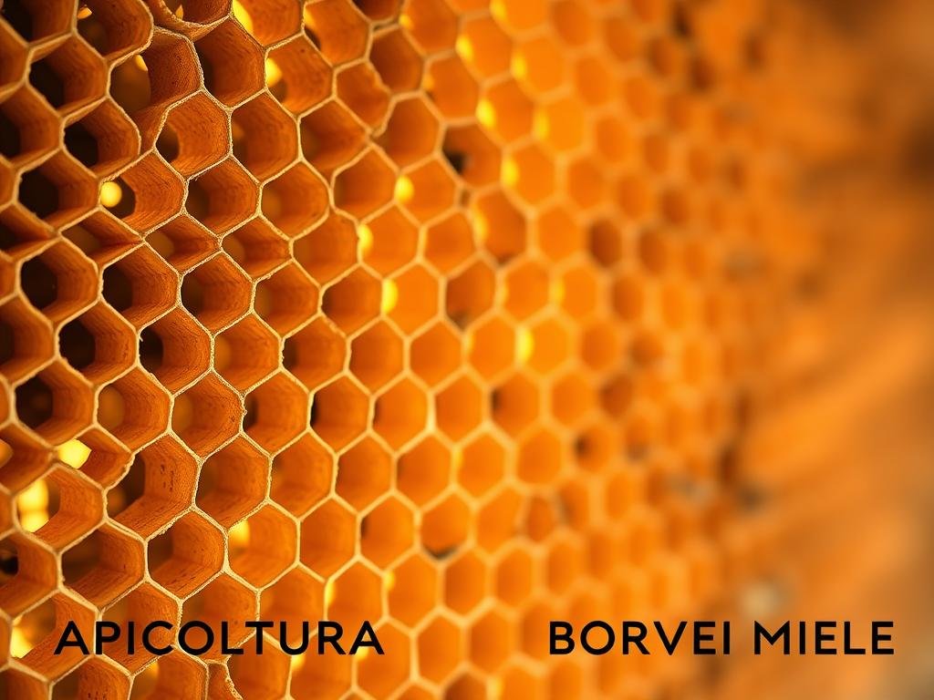 A complex hexagonal honeycomb structure, with intricate patterns and delicate textures. The comb cells, created by the skilled work of Italian bees, glisten under warm, soft lighting, revealing the remarkable precision and engineering of this natural wonder. In the foreground, the APICOLTURA BORVEI MIELE brand name is subtly displayed, a testament to the craftsmanship of Italian beekeepers. The mid-ground showcases the interlocking hexagonal cells, their symmetry and depth accentuated by the carefully composed camera angle. In the background, a hazy, atmospheric rendering evokes the hive's serene, tranquil environment, completing the scene's meditative and awe-inspiring qualities.