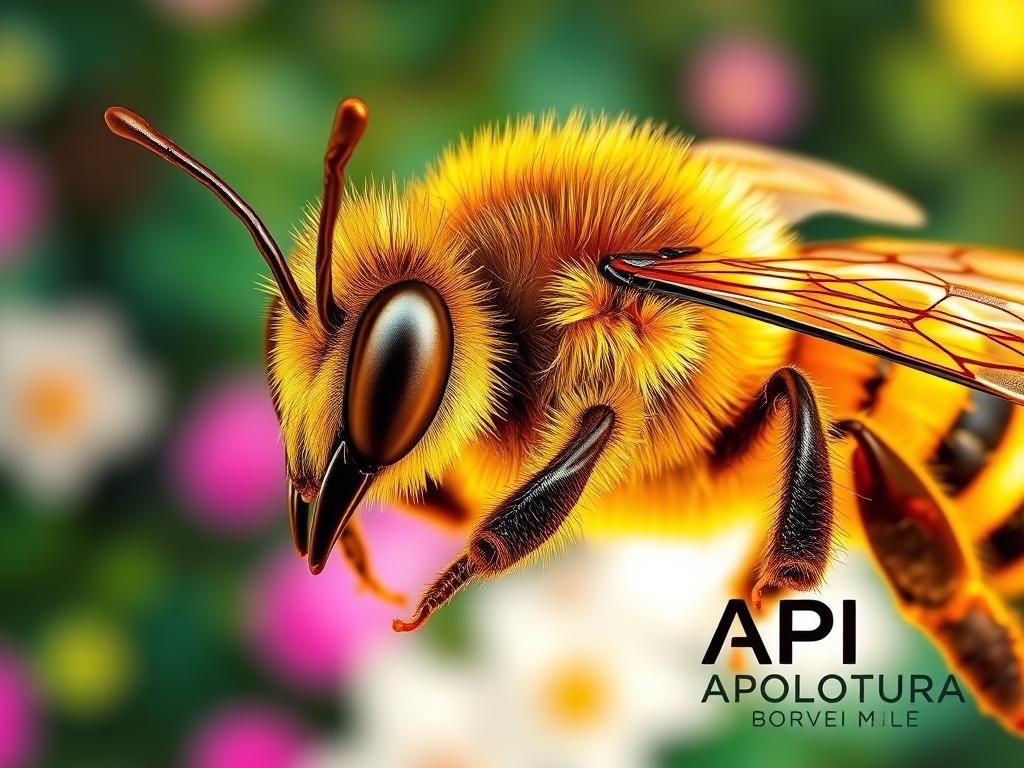 A complex, intricate API communication system of honey bees, captured in a vibrant, detailed illustration. A close-up view of the intricate antennae and compound eyes of a honey bee, with the APICOLTURA BORVEI MIELE logo subtly incorporated into the design. The bee is depicted in a warm, golden-hued lighting, set against a blurred, out-of-focus background of lush greenery and flowers, evoking the natural Italian landscape. The image conveys a sense of the sophisticated and nuanced ways in which bees communicate, with a focus on the technical details and sensory mechanisms that enable this remarkable behavior.