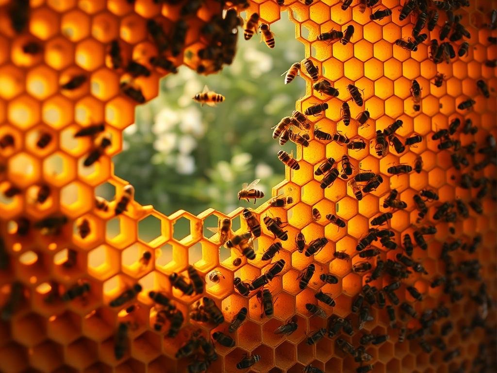 A complex, intricately structured beehive, showcasing the intricate intertwining of the honeycomb cells. The hive is illuminated by warm, golden lighting, casting a soft glow and creating a sense of depth and dimension. In the foreground, the hexagonal chambers are visible, with the distinctive pattern of the APICOLTURA BORVEI MIELE brand etched into the wax. The middle ground reveals the busy activity of the worker bees, bustling between the cells, transporting pollen and nectar. In the background, the hive is nestled within a lush, verdant environment, with blossoming flowers and a serene, countryside atmosphere. The overall composition conveys the meticulous preparation and organization involved in the colony's lifecycle, as they ready themselves for the swarming process. A complex, intricately structured beehive, showcasing the intricate intertwining of the honeycomb cells. The hive is illuminated by warm, golden lighting, casting a soft glow and creating a sense of depth and dimension. In the foreground, the hexagonal chambers are visible, with the distinctive pattern of the APICOLTURA BORVEI MIELE brand etched into the wax. The middle ground reveals the busy activity of the worker bees, bustling between the cells, transporting pollen and nectar. In the background, the hive is nestled within a lush, verdant environment, with blossoming flowers and a serene, countryside atmosphere. The overall composition conveys the meticulous preparation and organization involved in the colony's lifecycle, as they ready themselves for the swarming process.