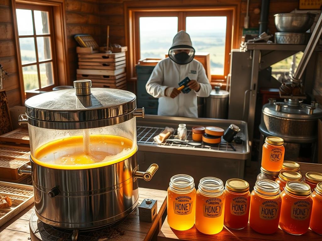 A cozy honey processing facility, bathed in warm lighting. In the foreground, a large stainless steel filtration tank sits atop a wooden table, its clear glass panels revealing the viscous, golden liquid within. Surrounding it, an array of beekeeping tools and supplies, including honeycomb frames, spatulas, and jars emblazoned with the "APICOLTURA BORVEI MIELE" brand. In the middle ground, a beekeeper clad in a protective suit carefully operates a hand-cranked centrifuge, extracting the final drops of pure, unfiltered honey. In the background, a sun-dappled window overlooks rolling Italian countryside, hinting at the origins of this artisanal nectar.