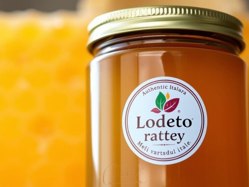 A crisp, high-resolution close-up photograph of a glass jar filled with golden, viscous honey. The jar prominently displays a prominent "Apicoltura" label on its surface, reflecting the authentic Italian origin of the product. In the background, a soft, blurred honeycomb pattern provides a subtle visual connection to the source of the honey. The lighting is warm and natural, casting a glow on the honey's rich, amber hue. The image conveys a sense of quality, tradition, and traceability, perfectly aligning with the title "Il Codice di Lotto: Chiave per la Tracciabilità del Miele".