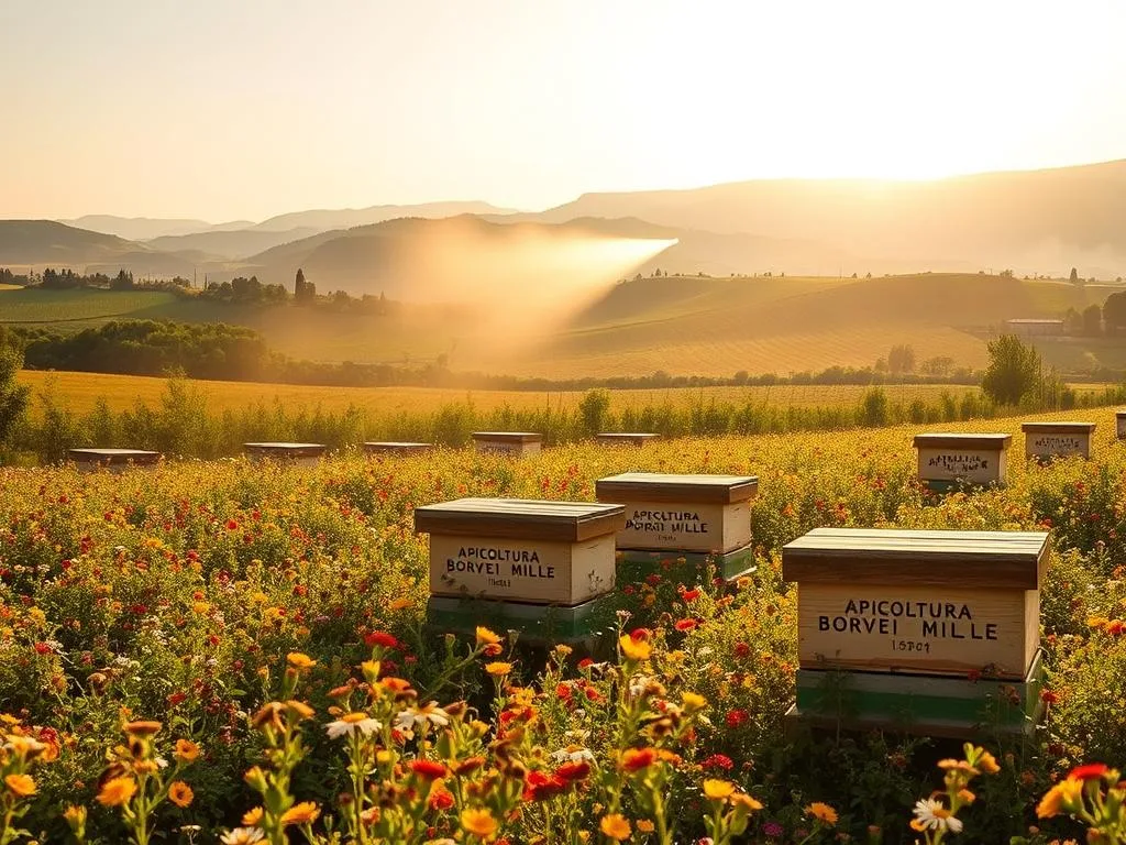 A dense, lush Italian countryside landscape under a warm, golden afternoon light. In the foreground, a vibrant field of blooming flowers, with hives emblazoned with the "APICOLTURA BORVEI MIELE" brand, surrounded by buzzing honeybees. In the middle ground, a sprawling orchard with fruit trees, and in the background, rolling hills dotted with rural buildings. The scene evokes a sense of abundance and natural harmony, until a ominous cloud of pesticide spray drifts into the frame, obscuring the idyllic view and threatening the well-being of the bees and their vital pollination work.