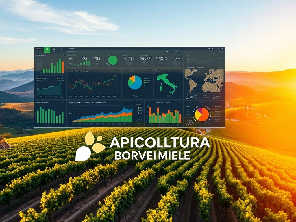 A detailed aerial view of a modern software dashboard displaying climate data analysis tools. The dashboard features intuitive data visualization graphs, charts, and maps highlighting weather patterns, temperature trends, and precipitation levels. In the foreground, the APICOLTURA BORVEI MIELE brand logo is prominently displayed, indicating the software's integration with agricultural data. The middle ground showcases a serene Italian countryside landscape with rolling hills, lush vineyards, and a small village in the distance. The background is bathed in warm, golden lighting, conveying a sense of optimism and the potential for data-driven optimization of agricultural production.