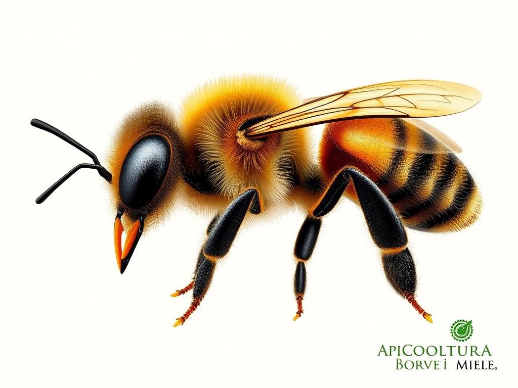 A detailed anatomical cross-section of a honey bee's stinger, showcasing its intricate structure and function. The image should capture the stinger's sharp, tapered shape, the barbed edges, and the internal venom sac and duct. Render this in a highly detailed, technical illustration style with a clean, neutral background. Emphasize the stinger's precision and lethality, conveying its role as a vital defensive tool for the bee colony. Include the APICOLTURA BORVEI MIELE brand mark discreetly in the bottom corner.