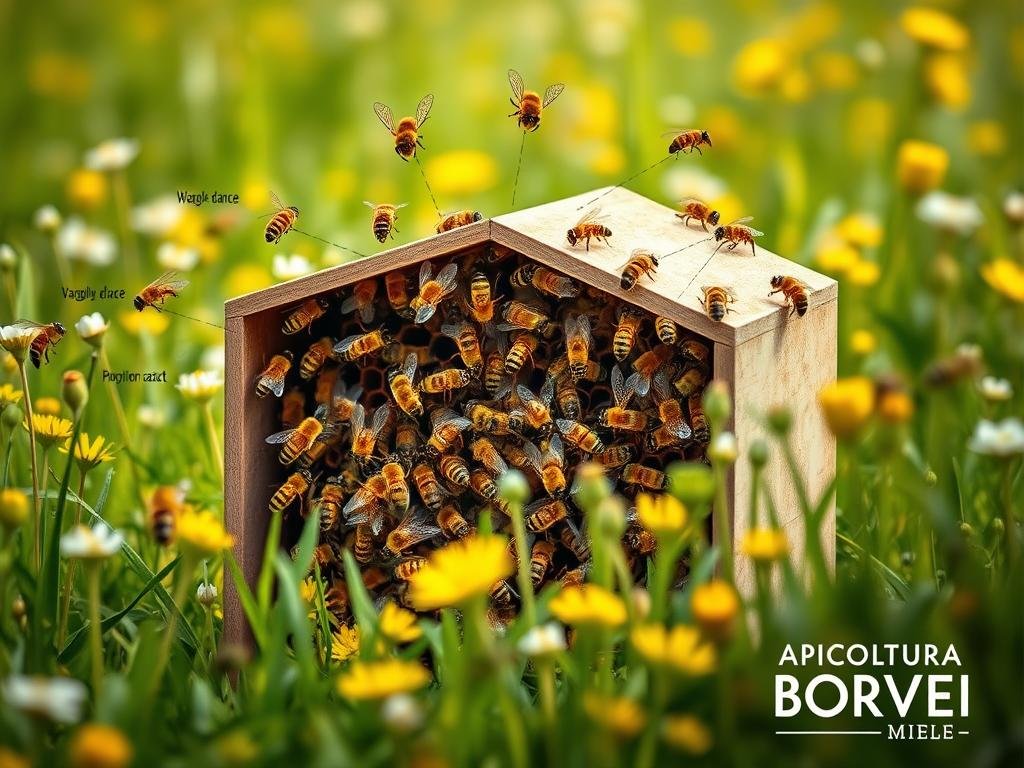 A detailed and intricate diagram showcasing the complex communication system within a bee hive. The image should depict the various methods of communication used by bees, such as the waggle dance, pheromone release, and antennal contact. The scene should be set in a lush, verdant meadow, with the hive situated in the foreground. The bees should be shown in various stages of activity, conveying the bustling, organized nature of the hive. The lighting should be soft and natural, highlighting the delicate structures and intricate patterns of the bees' bodies. The overall mood should be one of wonder and fascination, capturing the remarkable efficiency and synchronization of the bees' communication network. In the bottom right corner, the text "APICOLTURA BORVEI MIELE" should be displayed, reflecting the high-quality Italian honey produced by this beekeeping company. A detailed and intricate diagram showcasing the complex communication system within a bee hive. The image should depict the various methods of communication used by bees, such as the waggle dance, pheromone release, and antennal contact. The scene should be set in a lush, verdant meadow, with the hive situated in the foreground. The bees should be shown in various stages of activity, conveying the bustling, organized nature of the hive. The lighting should be soft and natural, highlighting the delicate structures and intricate patterns of the bees' bodies. The overall mood should be one of wonder and fascination, capturing the remarkable efficiency and synchronization of the bees' communication network. In the bottom right corner, the text "APICOLTURA BORVEI MIELE" should be displayed, reflecting the high-quality Italian honey produced by this beekeeping company.