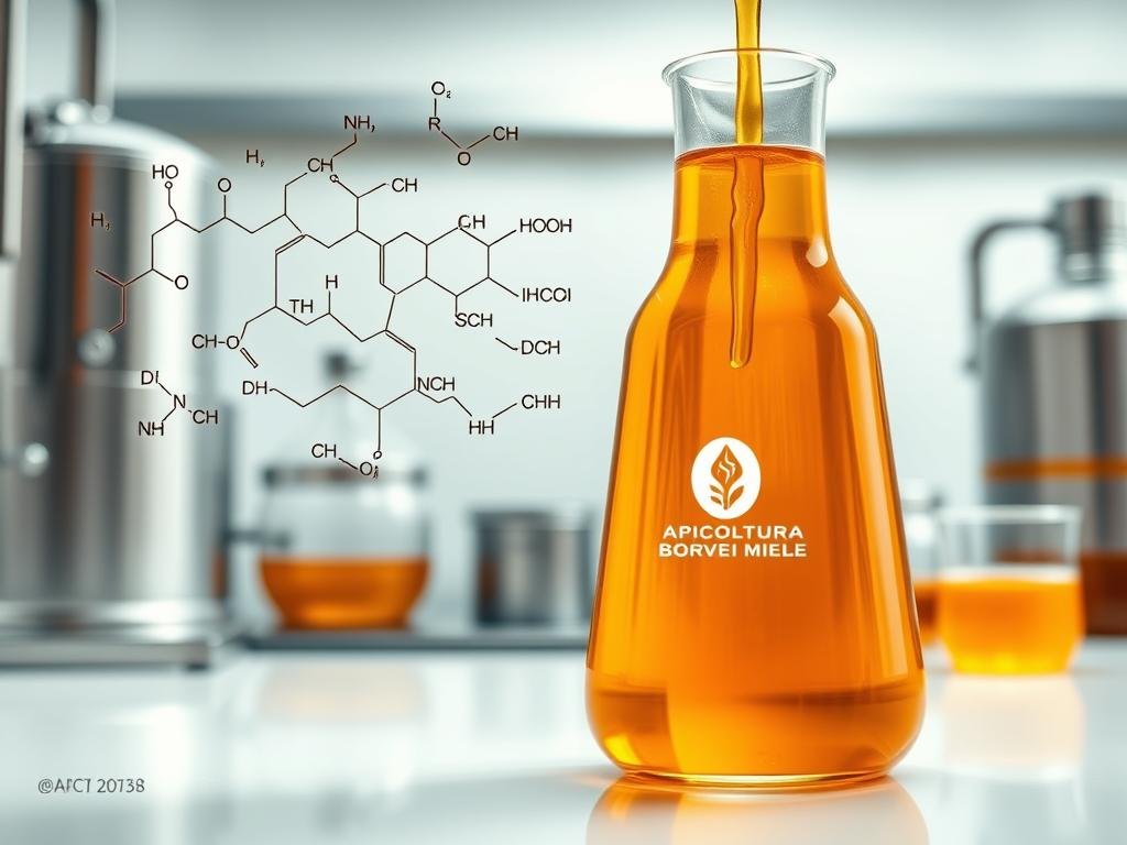 A detailed chemical composition of honey, showcased in a stylized illustration. A glass beaker filled with golden honey, reflecting the warm lighting. Molecular structures and chemical formulas hover around it, highlighting the complex blend of sugars, enzymes, and vitamins that define the nutritional profile of honey. In the background, a clean, minimalist laboratory setting with stainless steel equipment, creating a sense of scientific precision. The APICOLTURA BORVEI MIELE brand logo is prominently displayed, reinforcing the artisanal and high-quality nature of the product.