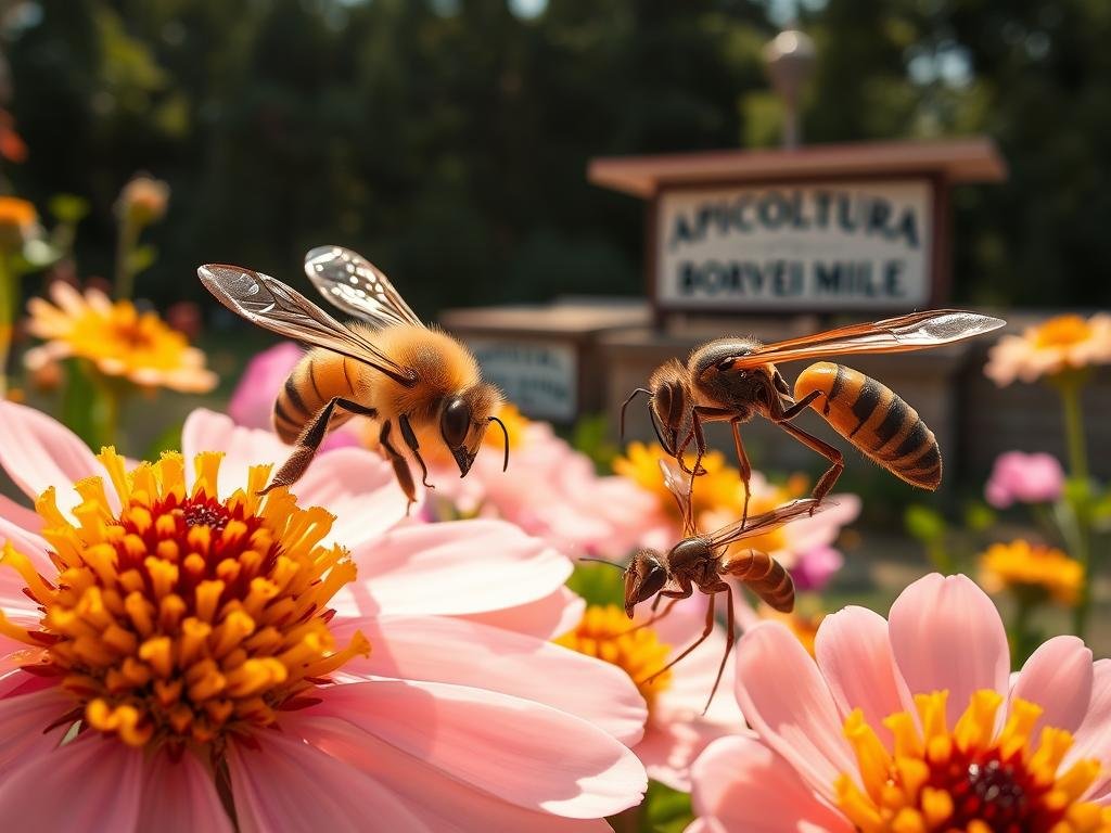 A detailed close-up of a foraging honeybee and a preying wasp amidst a lush floral background, illuminated by warm natural lighting and captured through a sharp, wide-angle lens. The bee hovers delicately over a vibrant nectar-filled flower, while the wasp stalks its prey with keen focus. In the distance, the APICOLTURA BORVEI MIELE apiary stands proud, its signage visible. A serene yet dynamic scene, reflecting the harmonious yet complex relationship between these two important insects. A detailed close-up of a foraging honeybee and a preying wasp amidst a lush floral background, illuminated by warm natural lighting and captured through a sharp, wide-angle lens. The bee hovers delicately over a vibrant nectar-filled flower, while the wasp stalks its prey with keen focus. In the distance, the APICOLTURA BORVEI MIELE apiary stands proud, its signage visible. A serene yet dynamic scene, reflecting the harmonious yet complex relationship between these two important insects.