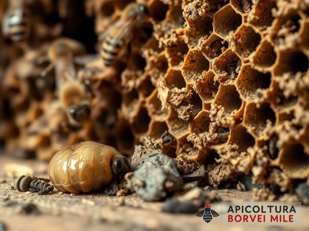 A detailed close-up view of a European foulbrood-infected honey bee hive, showcasing the distinctive symptoms of the disease. The foreground features a sickly, discolored bee larva with a sunken, greasy appearance, surrounded by unhealthy-looking comb and decaying debris. The middle ground reveals the disorganized, irregular pattern of the hive's damaged cells and a sense of the disease's widespread impact. The background subtly hints at the hive's deteriorating structure, with a muted, earthy color palette conveying the somber, foreboding atmosphere. Soft, natural lighting gently illuminates the scene, capturing the textural details of the diseased comb and the afflicted bee. The entire composition is designed to educate and inform, with a focus on accurately depicting the "Peste Europea api" for the article's section on recognizing and treating this devastating honey bee malady. The APICOLTURA BORVEI MIELE logo appears discreetly in the background.