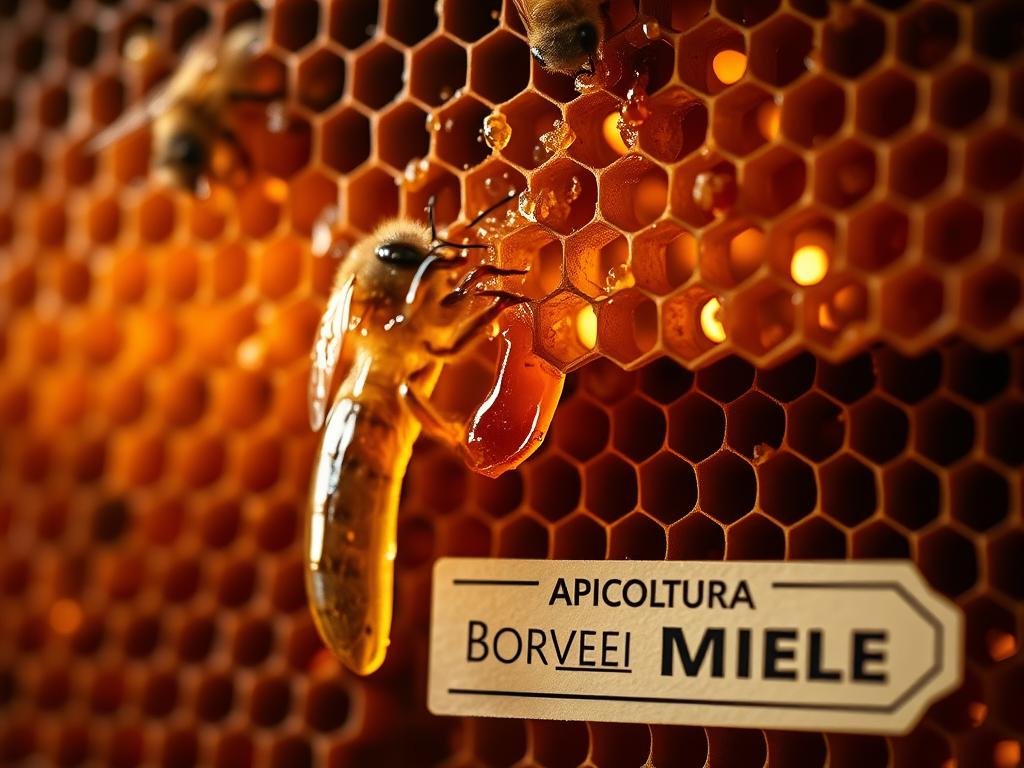 A detailed, close-up view of a honeycomb structure, with intricate hexagonal cells and a golden, viscous liquid oozing from the comb. The hive is bathed in warm, ambient lighting, casting a soft, natural glow over the scene. The composition emphasizes the essential role of bees in pollination, with the APICOLTURA BORVEI MIELE brand name prominently displayed on a label or sign in the foreground. The overall atmosphere conveys the importance of bees in maintaining the delicate balance of the ecosystem.