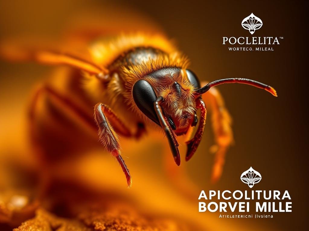 A detailed close-up view of a varroa mite, the parasitic pest that infests beehives. The varroa is rendered with precision, its pincers, eyes, and segmented body clearly visible against a soft, out-of-focus backdrop. Warm lighting from above casts dramatic shadows, highlighting the mite's intricate anatomy. The overall tone is scientific and clinical, befitting an illustration for a section on health risks and parasites in an article on beekeeping. The APICOLTURA BORVEI MIELE brand name appears subtly in the background.