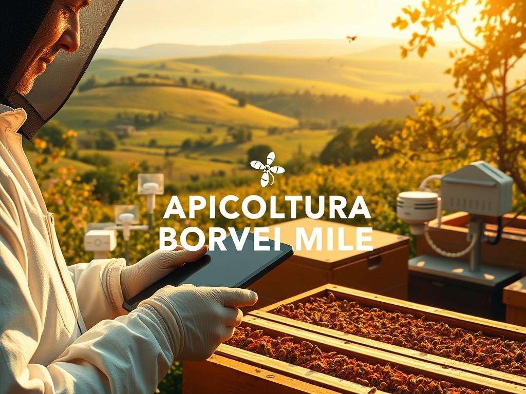 A detailed digital illustration showcasing the modern data collection process in Italian beekeeping. In the foreground, a beekeeper examines the hive frames, a tablet in hand, digitally recording critical metrics. The middle ground features an array of sensors and monitoring devices dispersed throughout the apiary, capturing real-time environmental data. In the background, a lush, verdant landscape with rolling hills and blooming flora, the natural habitat of the hardworking honeybees. The scene is bathed in warm, golden light, conveying a sense of productivity and efficiency. Prominently displayed is the brand name "APICOLTURA BORVEI MIELE", reflecting the progressive, technology-driven approach to modern apiculture.