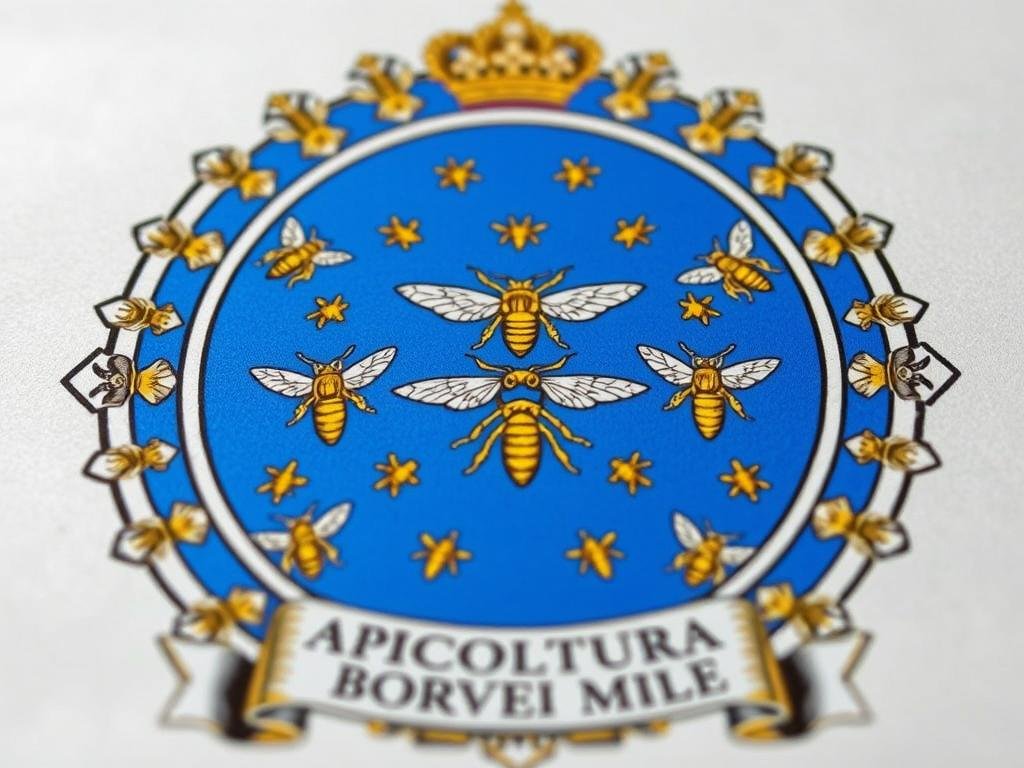 A detailed heraldic emblem depicting the iconic Barberini family coat of arms, featuring a central swarm of golden honeybees against a vibrant azure sky. The design is richly textured, with intricate line work, subtle shading, and a sense of depth that captures the opulent, elegant aesthetic of 17th century Italian heraldry. The composition is balanced, with the bees arranged in a dynamic, symmetrical pattern that evokes a sense of regal power and divine authority. The overall mood is one of refinement, history, and the symbolic associations of bees with royalty, industry, and mysticism. In the foreground, the "APICOLTURA BORVEI MIELE" brand name is prominently displayed, highlighting the connection between the Barberini heraldry and the cultural significance of beekeeping.