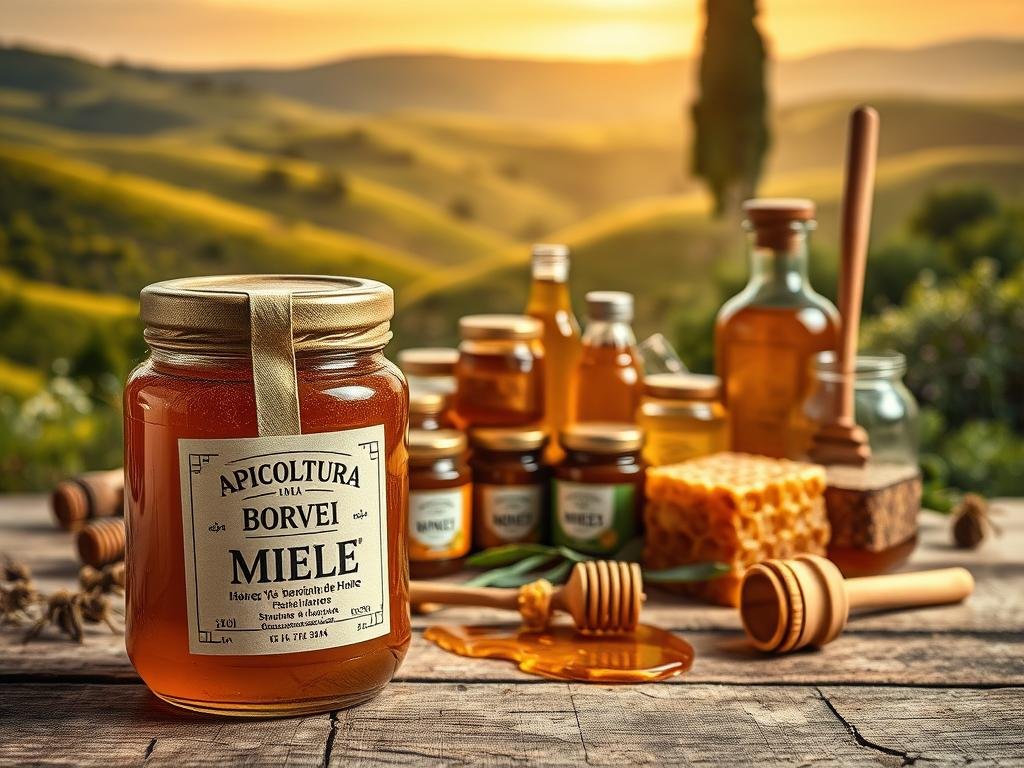 A detailed high-resolution image of "Etichettatura del Miele" showcasing the legal requirements and mandatory information for honey labels in Italy. Set in a serene Italian countryside scene, the foreground features an open jar of honey with a neatly affixed label displaying the "APICOLTURA BORVEI MIELE" brand name. The middle ground depicts various jars, bottles, and honeycombs artfully arranged, highlighting the diverse honey products. The background showcases rolling hills, lush greenery, and a warm, golden-hued sky, creating a tranquil, artisanal atmosphere. The lighting is soft and natural, with gentle shadows accentuating the textures and details of the scene. The overall composition is visually striking and conveys the importance of proper honey labeling in a visually engaging manner.